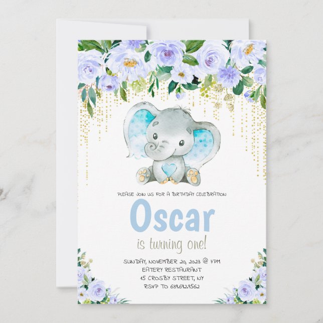 Invitación del primer cumpleaños del niño elefante (Anverso)