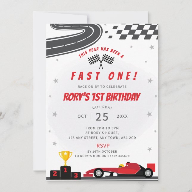 Invitación del primer Fiesta de cumpleaños de Fast (Anverso)
