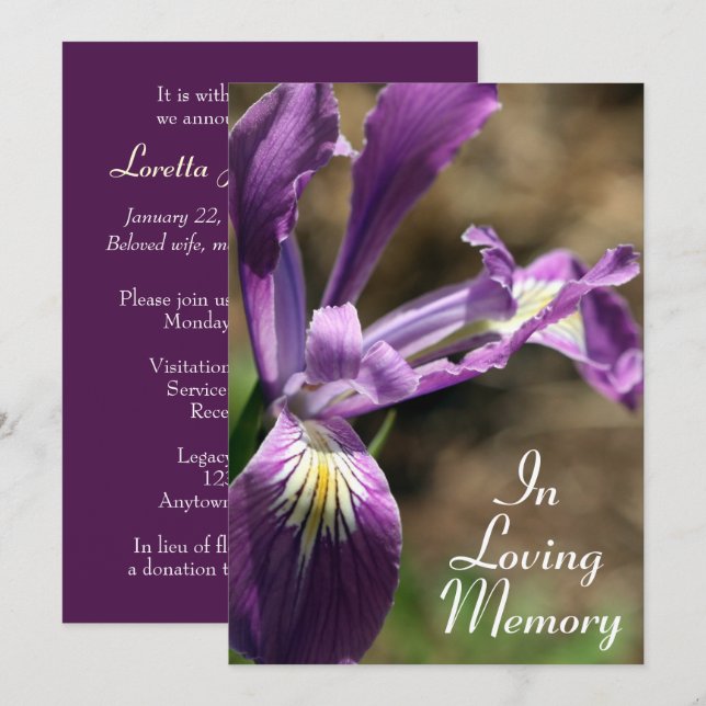 Invitación del Purple Iris Memorial Service (Anverso / Reverso)