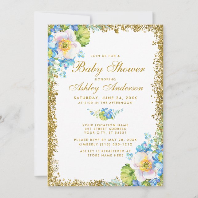 Invitación del Purpurina Baby Shower Blue Floral G (Anverso)