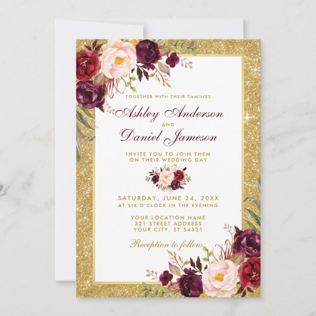 Invitación del Purpurina boda Burgundy Floral Gold (Anverso)