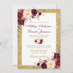 Invitación del Purpurina boda Burgundy Floral Gold