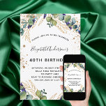 Invitación del purpurina de Birthday eucalyptus gr<br><div class="desc">Para una fiesta de cumpleaños número 40 (o cualquier edad). Un fondo blanco decorado con vegetación eucaliptos y hojas doradas. Decorado con falsos puntos purpurinas dorados. Personalice y agregue sus nombres y detalles del boda. Letras de color negro y dorado. Fondo blanco.</div>