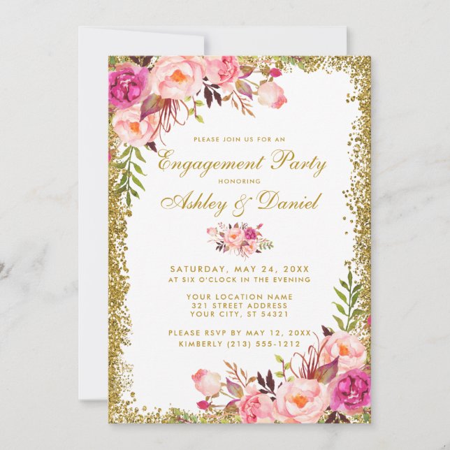 Invitación del Purpurina de oro rosa floral del Pa (Anverso)