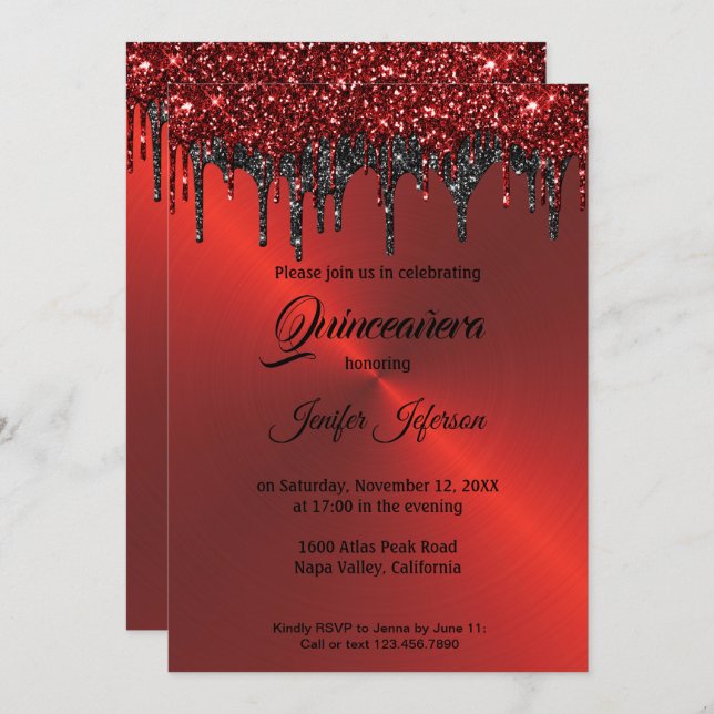 Invitación del purpurina metálico rojo Quinceanera (Anverso / Reverso)