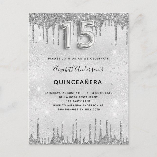 Invitación del purpurina plateado de Quinceanera (Anverso)