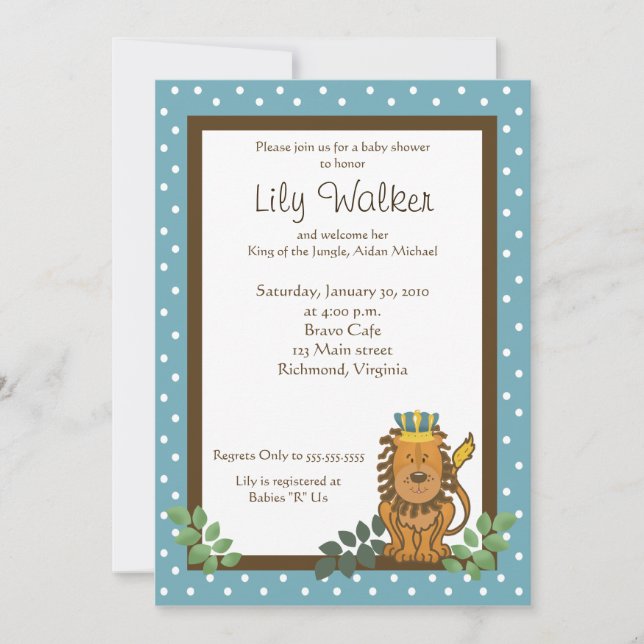 Invitación del Rey del León de la Selva Baby Showe (Anverso)