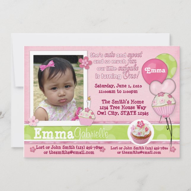 invitación del rosa de la magdalena de 1 año (Anverso)