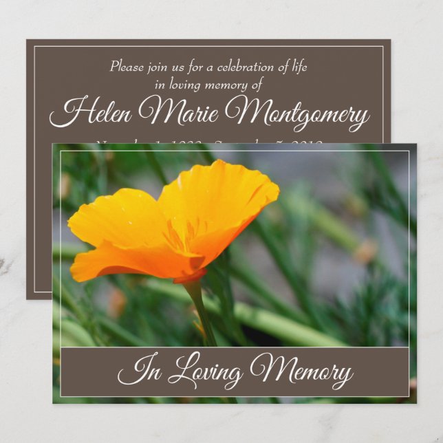 Invitación del servicio California Poppy Memorial (Anverso / Reverso)
