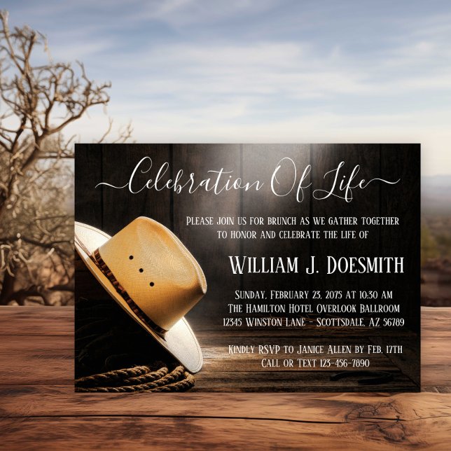 Invitación del Servicio Funeral Cowboy Memorial (Cowboy hat and rope memorial invitation. Simply add your event details.)