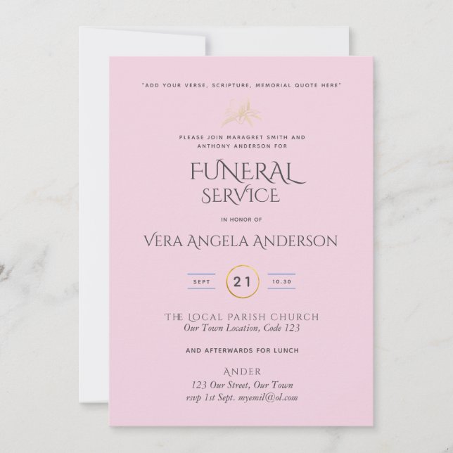 Invitación del servicio funerario rosa con verso (Anverso)