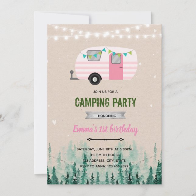 Invitación del tema del chica del camper feliz (Anverso)