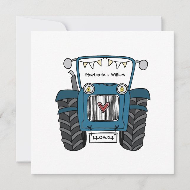 Invitación del Tractor azul de casamiento de campo (Anverso)