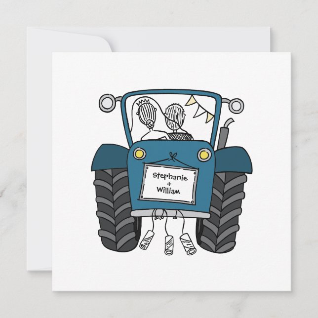 Invitación del Tractor azul de casamiento de campo (Anverso)