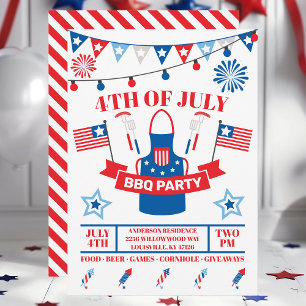 Invitación Delantal para Barbacoa del 4 de Julio Rojo Fiesta 