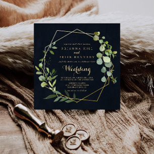 Invitación Delantero verde azul geométrico y Boda posterior
