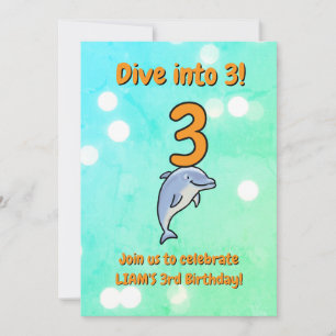 Invitación Delfín Azul Adorable Cumpleaños 3 Dive Into 3