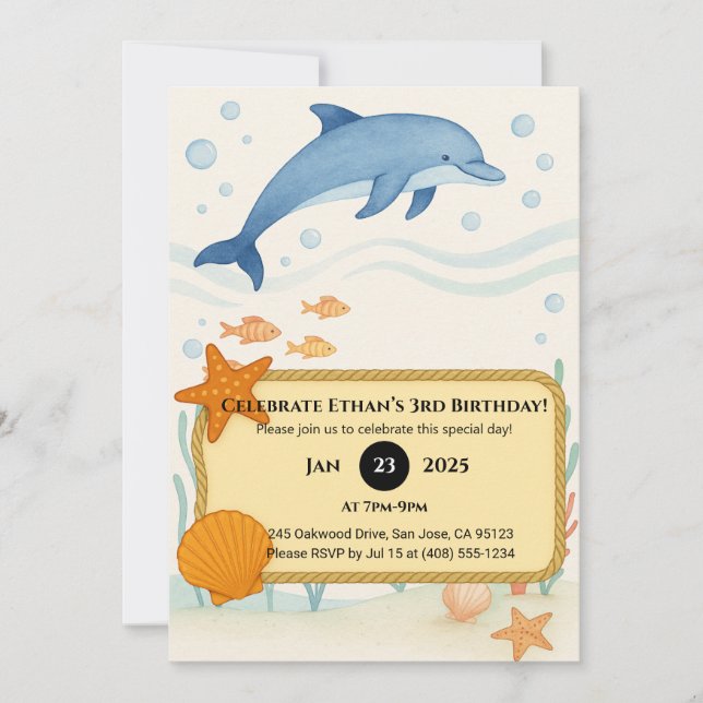Invitación Delfín Azul con Estrella de Mar y Marco de Cuerda  (Anverso)
