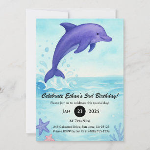 Invitación Delfín azul profundo con estrellas marinas cumplea