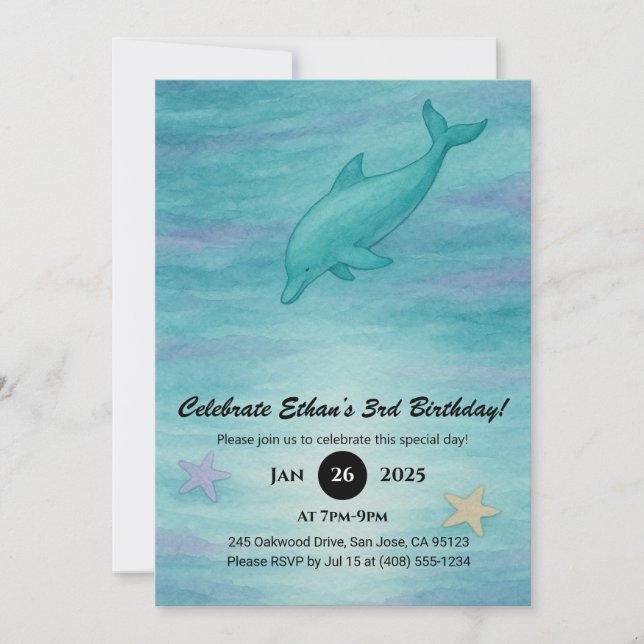 Invitación Delfín Azul Suave y Estrella de Mar Cumpleaños Oce (Anverso)
