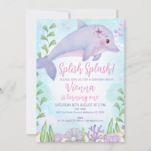 Invitación Delfín bajo el mar Primer cumpleaños (Anverso)