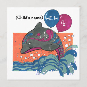 Invitación Delfín con globos invitada por cuarto cumpleaños