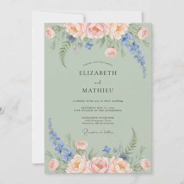 Invitación Delfín de Durazno Verde Salvia Romance de Boda (Anverso)