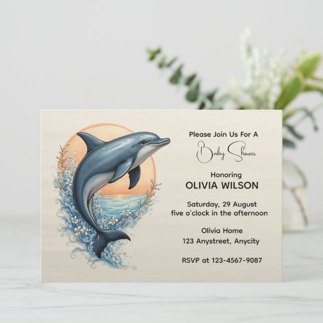 Invitación Delfín Elegante al Atardecer (Anverso de pie)