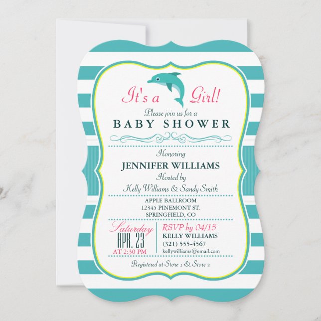 Invitación Delfín, elegante, tema náutico Baby Shower (Anverso)