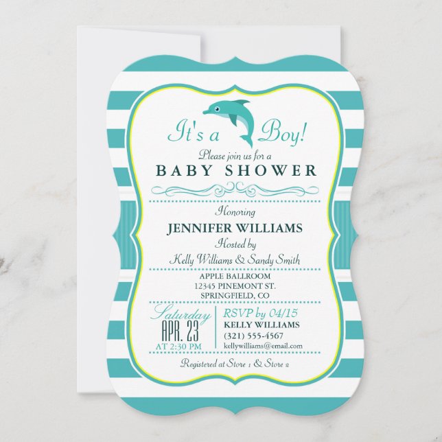 Invitación Delfín, elegante, tema náutico Baby Shower (Anverso)