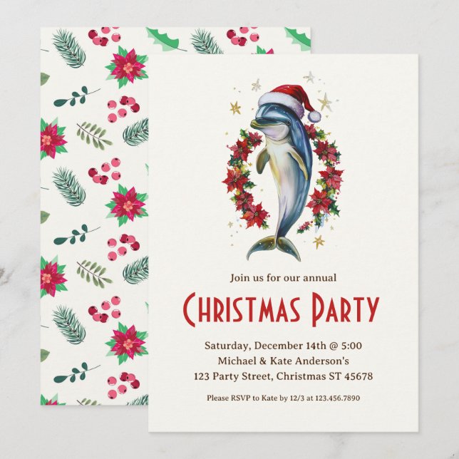Invitación Delfín en un Fiesta de Navidades de Santa Hat Poin (Anverso / Reverso)
