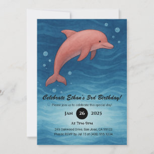 Invitación Delfín rosa y olas del océano azul profundo Cumple