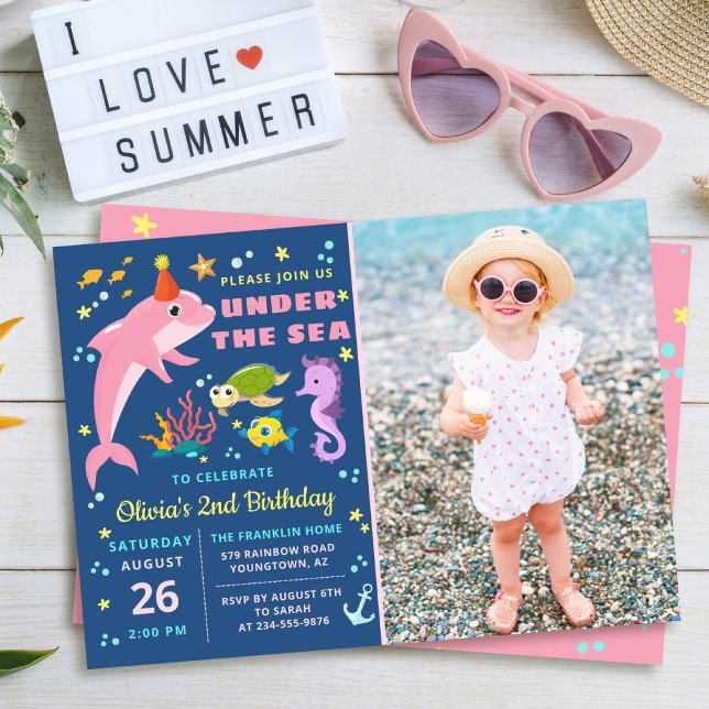Invitación Delfín rosado bajo el Chica del mar Foto de cumple (Subido por el creador)