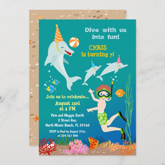 Invitación Delfines bajo la fiesta de cumpleaños de los niños (Anverso / Reverso)