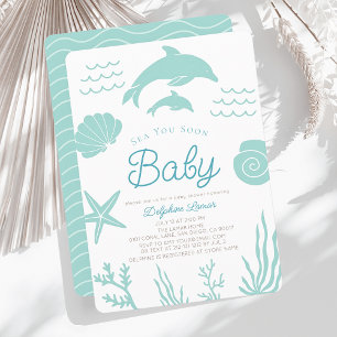 Invitación Delfines y mar de conchas pronto azul Baby Shower