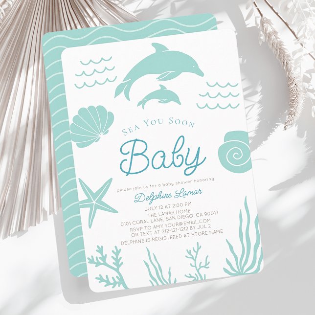 Invitación Delfines y mar de conchas pronto azul Baby Shower (Subido por el creador)