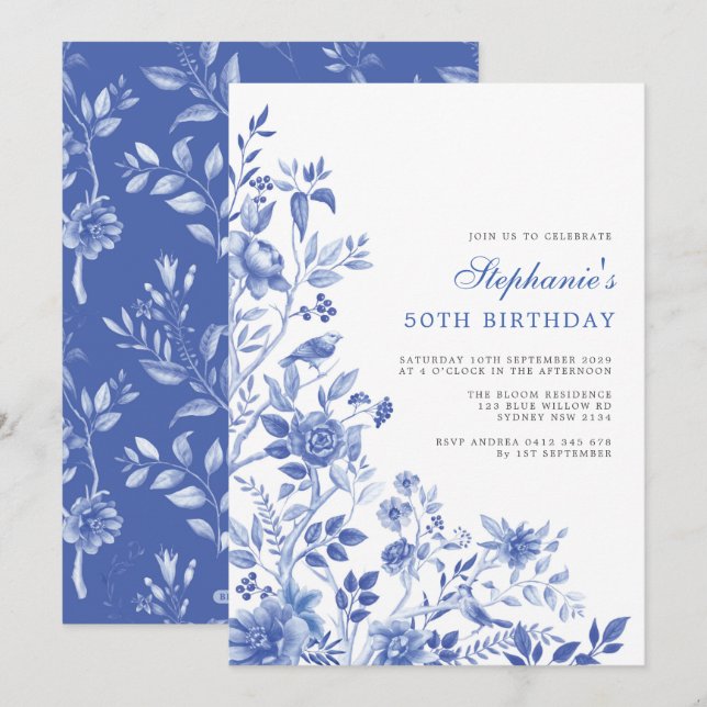 Invitación Delft Blue Chinoiserie Floral Women 50 cumpleaños (Anverso / Reverso)