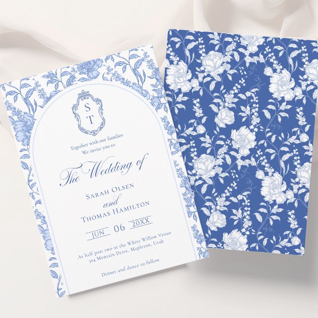 Invitación Delft Blue Floral Chinoiserie Monogram Wedding (Subido por el creador)