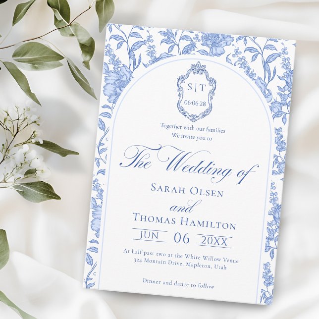 Invitación Delft Blue Floral Chinoiserie Monogram Wedding (Subido por el creador)
