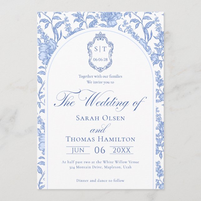 Invitación Delft Blue Floral Chinoiserie Monogram Wedding (Anverso)