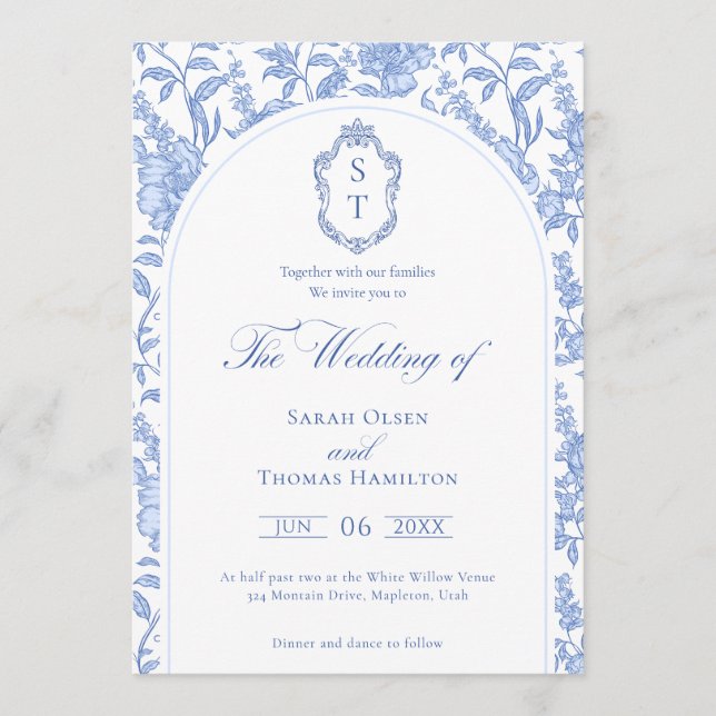 Invitación Delft Blue Floral Chinoiserie Monogram Wedding (Anverso)