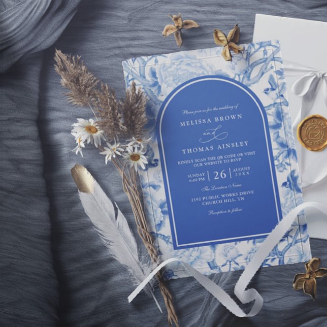 Invitación Delft Blue White Chinois Floral QR Code Wedding (Subido por el creador)