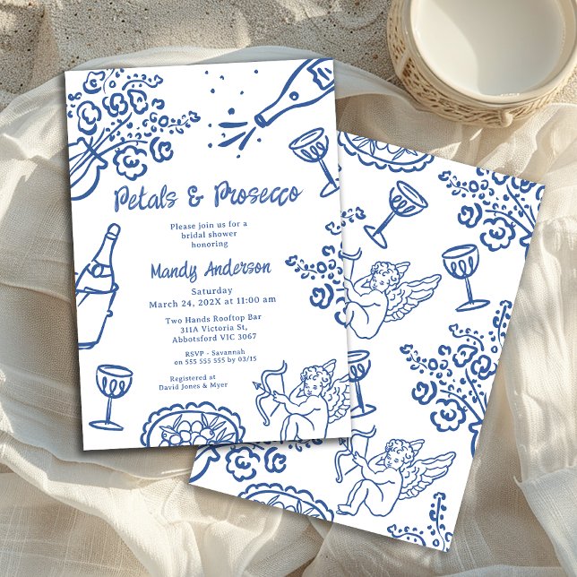 Invitación Delgado azul trenzado capilar prosecco ducha de no (Blue Whimsical Drawn Bridal Shower Invitation, Petals Prosecco Bridal Shower Invitation, Floral)