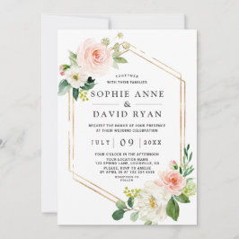 Invitación Delicada acuarela Boda dorado de color blanco rosa