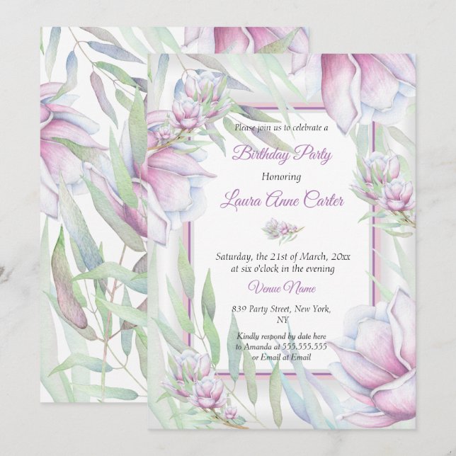 Invitación Delicada acuarela floral rosa Lilac cumpleaños (Anverso / Reverso)