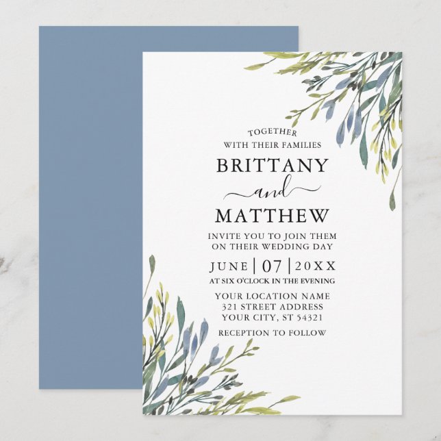 Invitación Delicada acuarela verde Boda Dusty Blue (Anverso / Reverso)