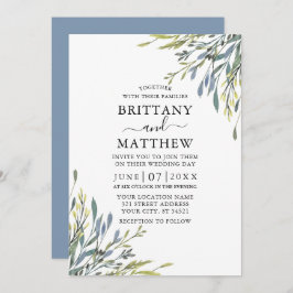 Invitación Delicada acuarela verde Boda Dusty Blue