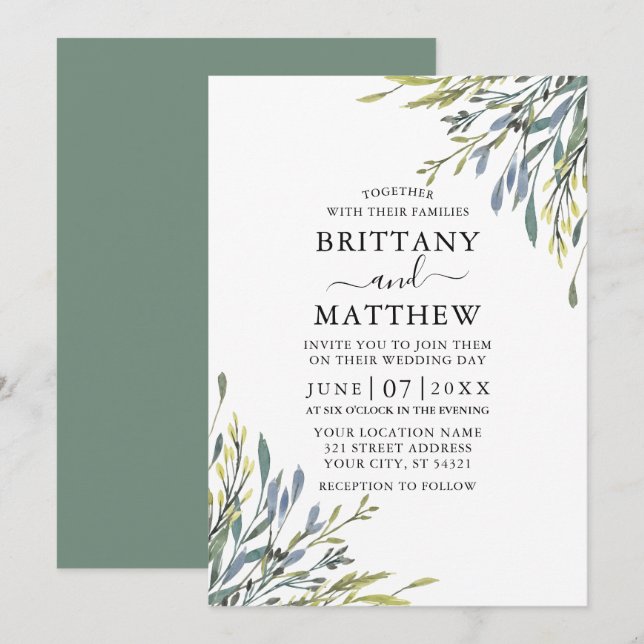 Invitación Delicada acuarela verde Boda Sage Green (Anverso / Reverso)