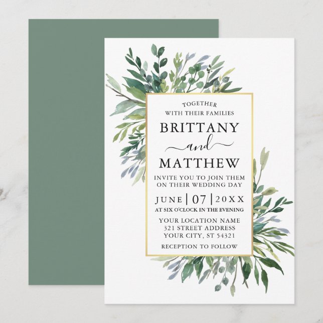 Invitación Delicada acuarela Verdor Sage Green Gold (Anverso / Reverso)