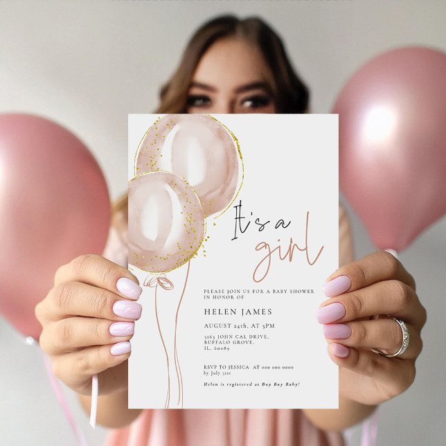 Invitación Delicada Baby Shower de globo rosa (Subido por el creador)